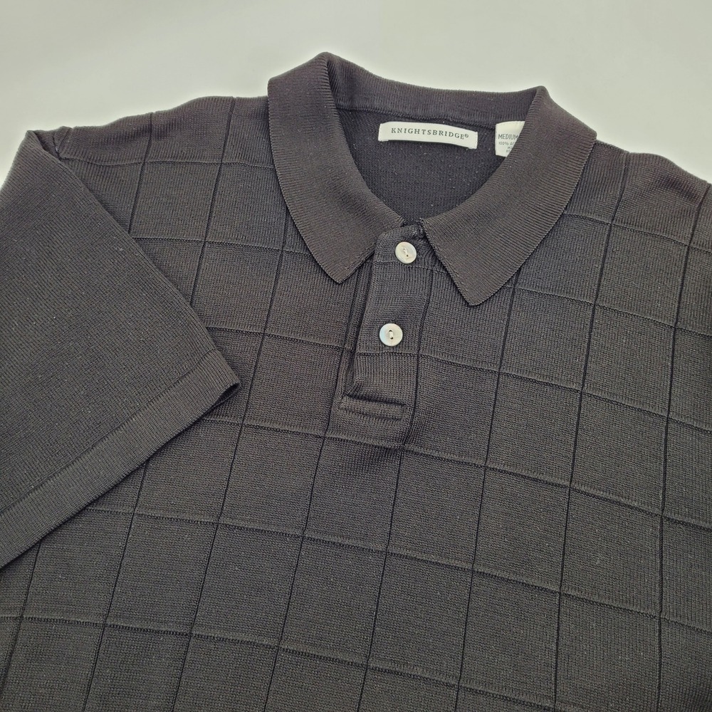 Knightsbridge Mens M Vintage Black Textured Grid Knit Short Sleeve Polo Shirt